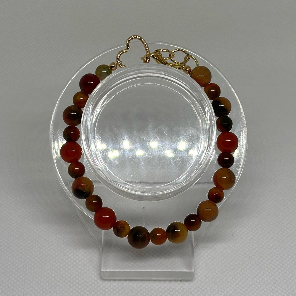 Handmade Gold Wire Bracelet with Fire Agate Beads and a Heart Jump Ring